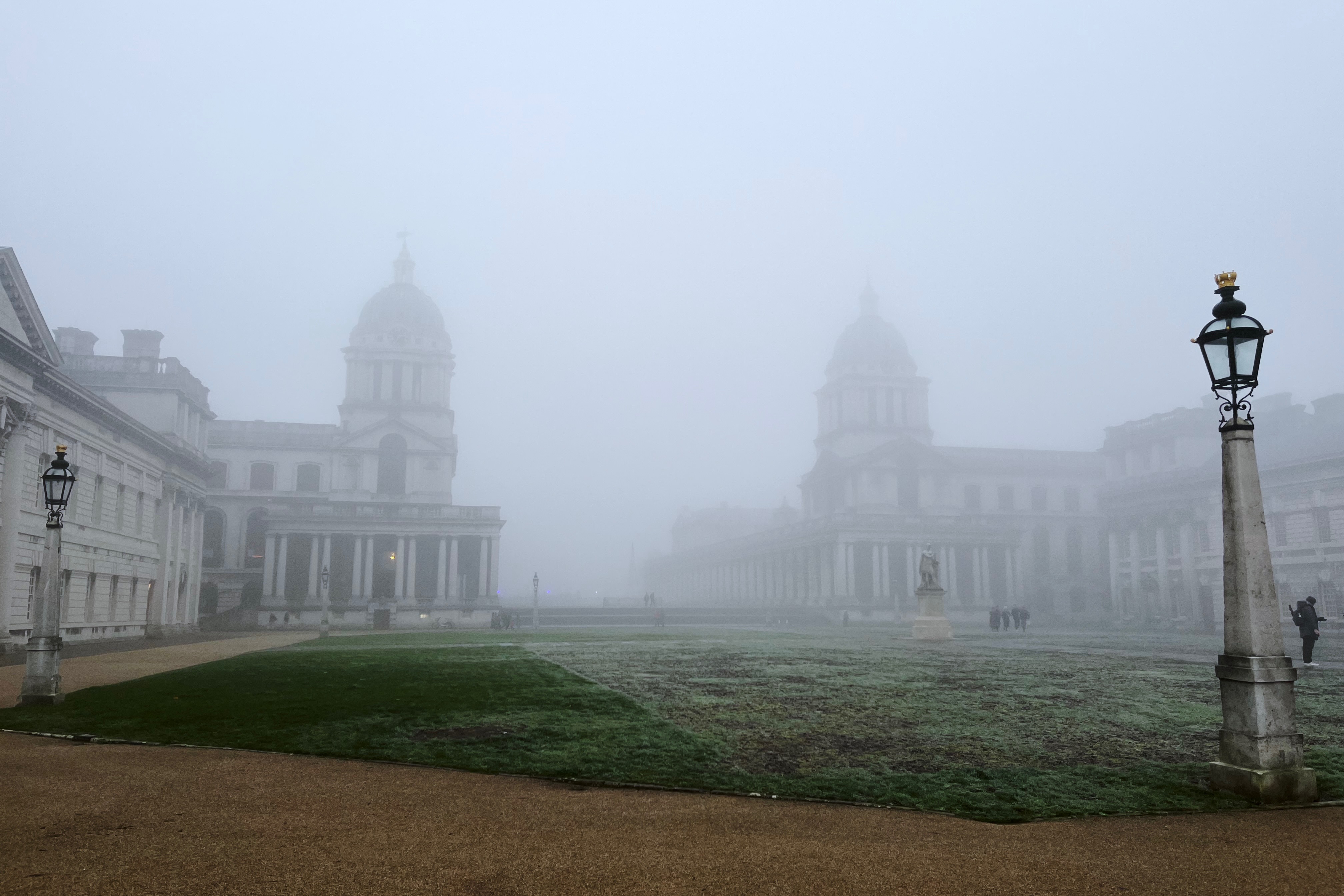 Grand Square of the Old Royal Naval College, Greenwich, in the fog