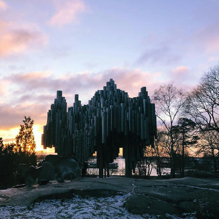 Sibelius monument at sunset (i.e., about 2:30)